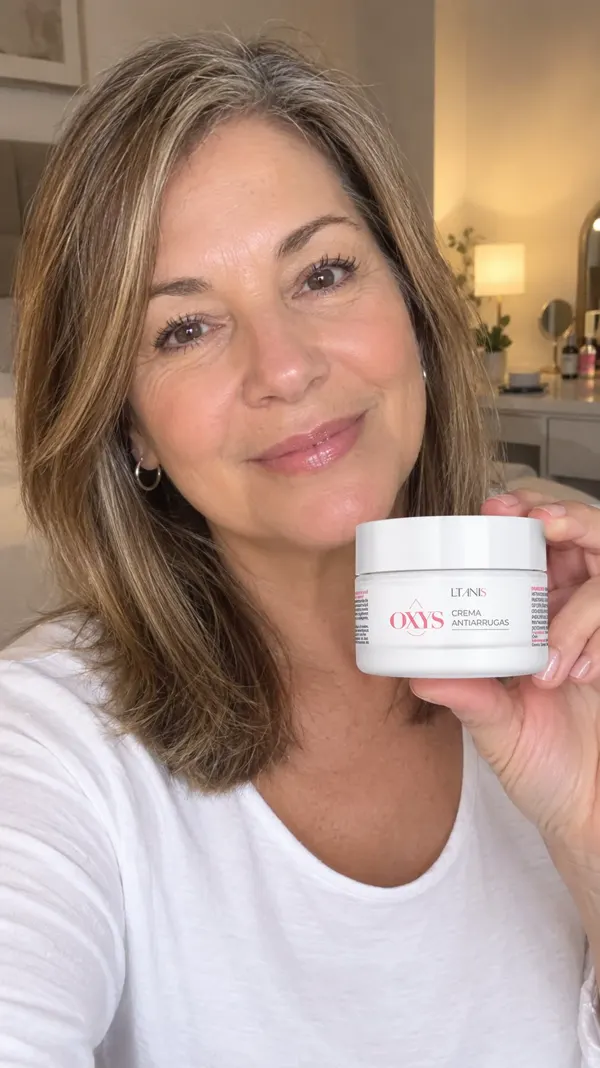 Mujer con su pote de crema Oxys
